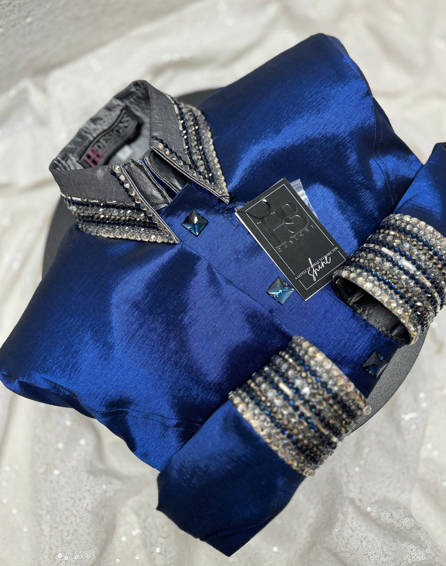 GLITZY Navy w/ Gunmetal Grey Contrast Stretch Taffeta Day Shirt 1222