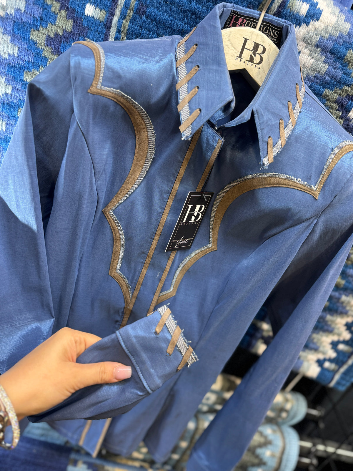 SOUTHWESTERN Denim & Taupe Stretch Taffeta Day Shirt 1016