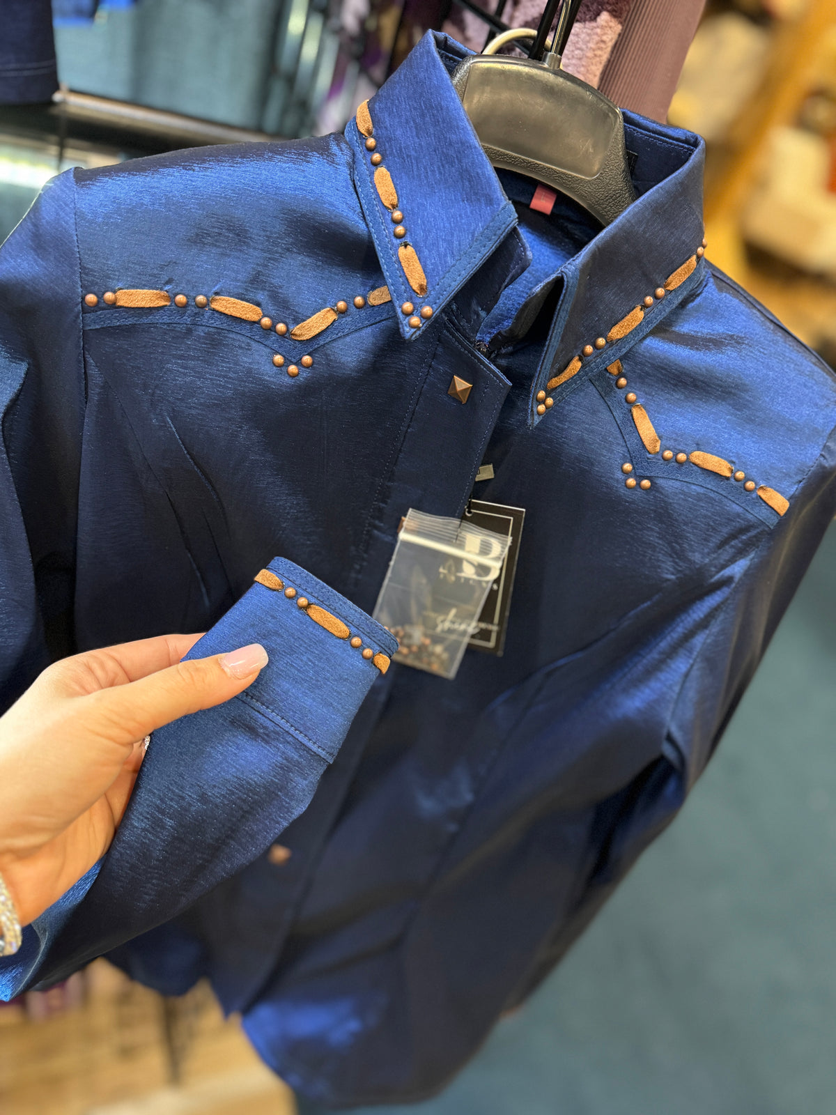 SOUTHWESTERN Navy w/ Whiskey Buckstitch Stretch Taffeta Day Shirt 1010