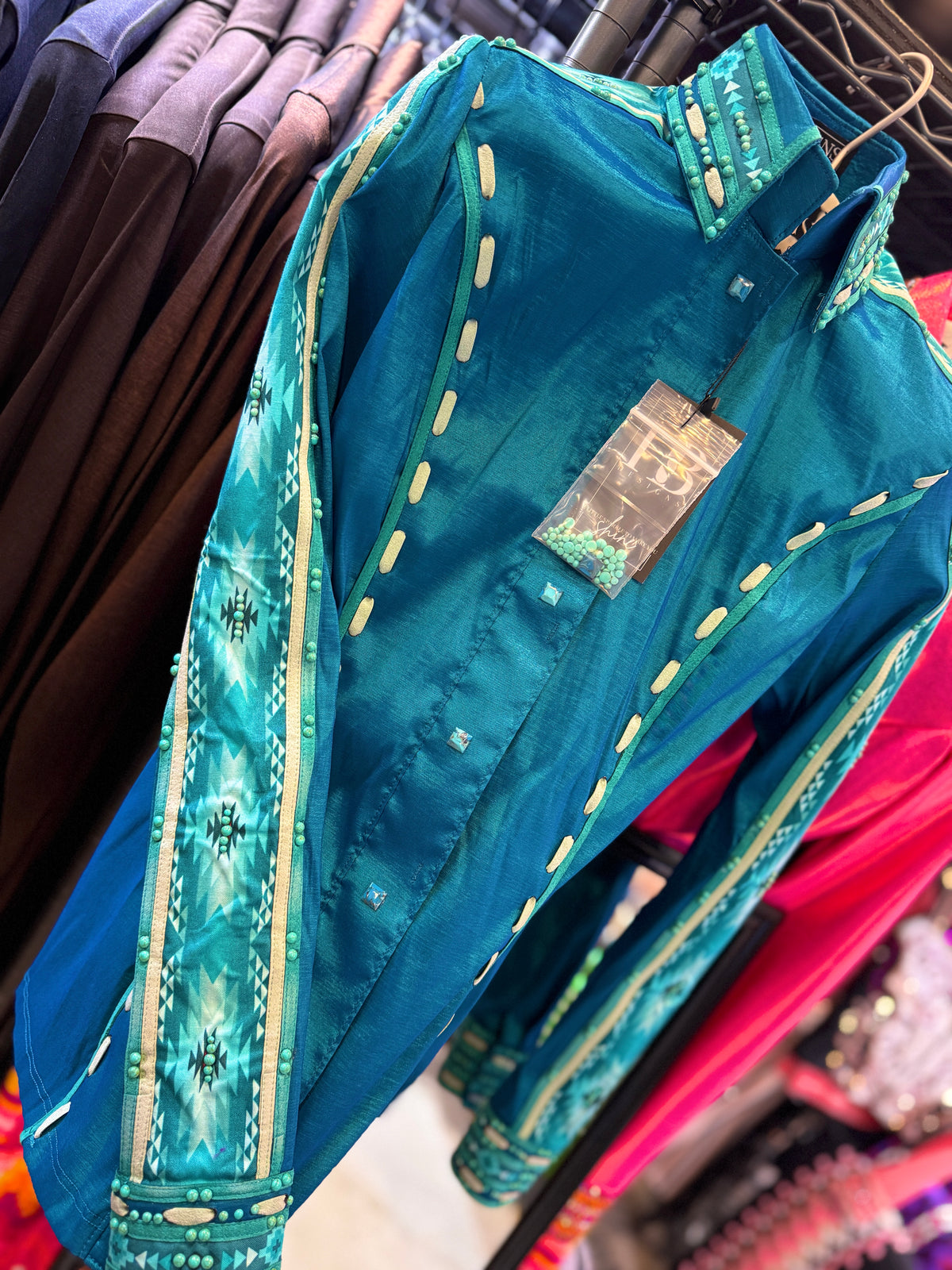 SOUTHWESTERN Iridescent Teal & Turquoise Stretch Taffeta Day Shirt 1013