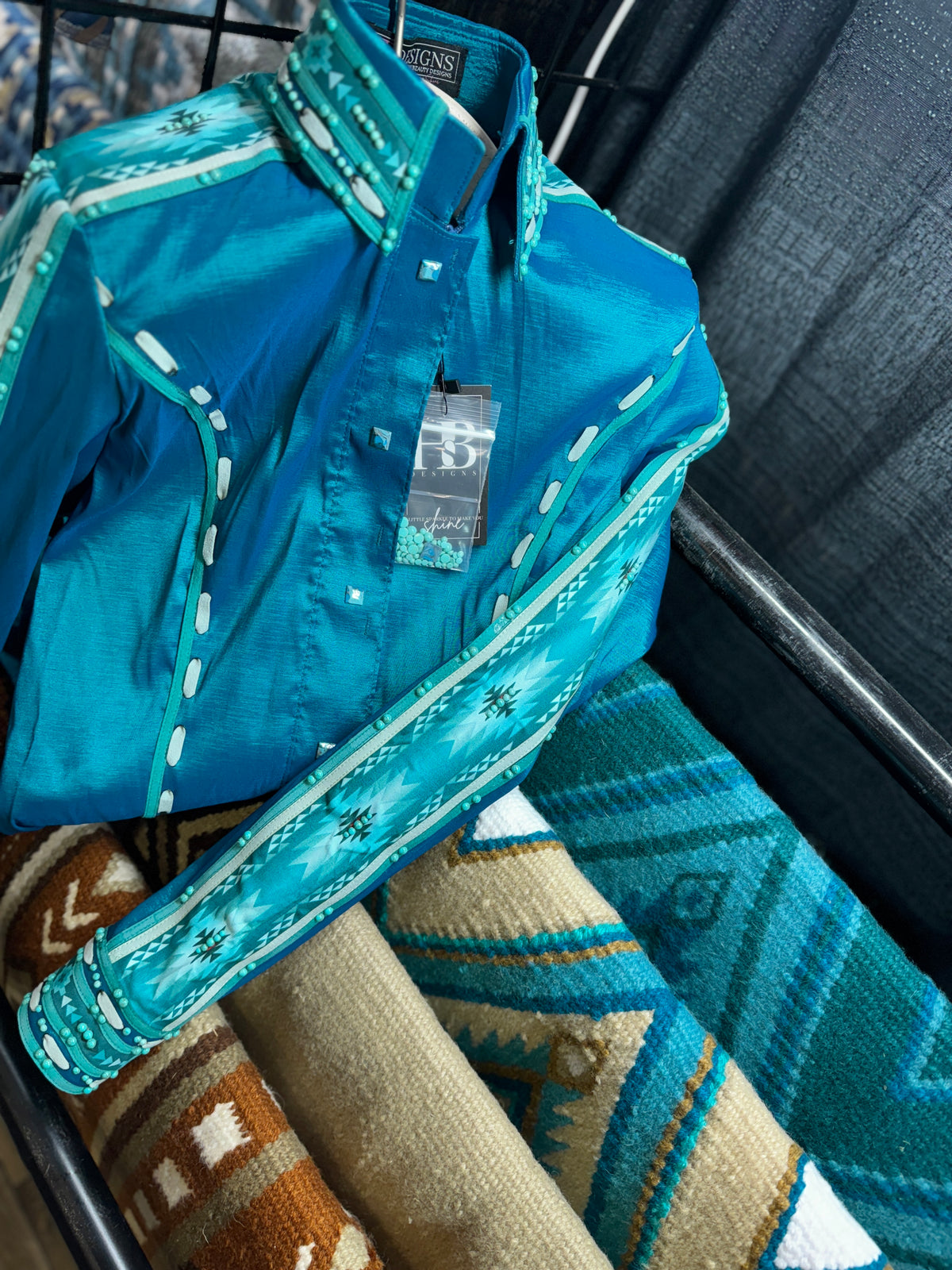 SOUTHWESTERN Iridescent Teal & Turquoise Stretch Taffeta Day Shirt 1013