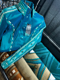 SOUTHWESTERN Iridescent Teal & Turquoise Stretch Taffeta Day Shirt 1013