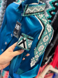 GLAM Iridescent Teal w/ Seafoam/Mint, Black and White Stretch Taffeta Day Shirt