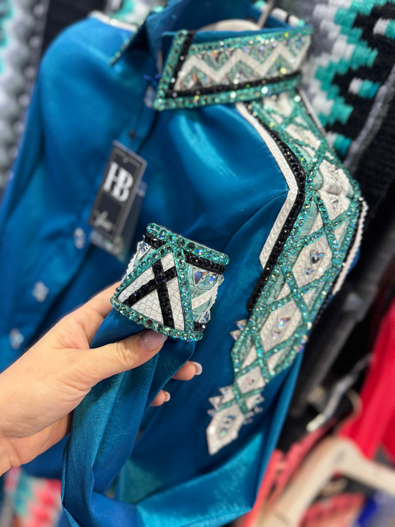 GLAM Iridescent Teal w/ Seafoam/Mint, Black and White Stretch Taffeta Day Shirt