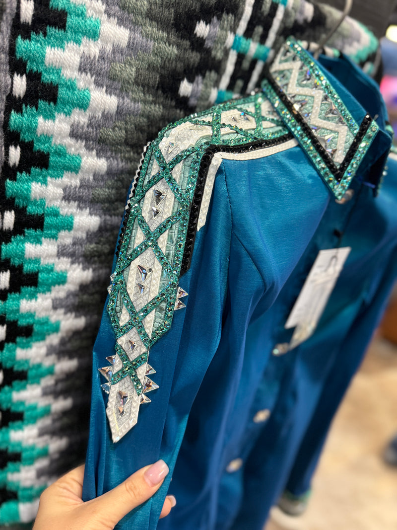 GLAM Iridescent Teal w/ Seafoam/Mint, Black and White Stretch Taffeta Day Shirt