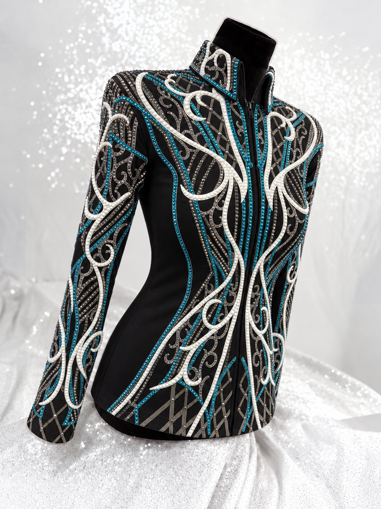 Black showmanship jacket with teal and white embellished sleeve and front panels; Item 1539