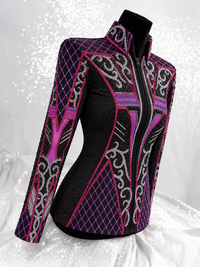 Black showmanship jacket with pink, magenta, and silver embellished sleeve and front panels; Item 1538