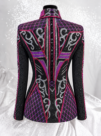Back view of a black showmanship jacket with pink, magenta, and silver embellishment; Item 1538