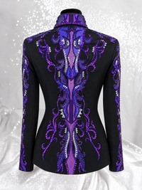 Back view of a black showmanship jacket with purple embellished panels; Item 1005