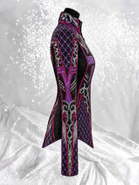 Side detail of a black showmanship jacket with pink and magenta geometric embellishment; Item 1538