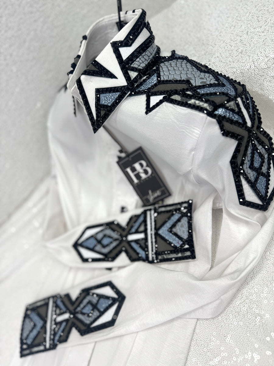 GLAM White, Grey, Icey Blue and Black Stretch Taffeta Day Shirt 1276