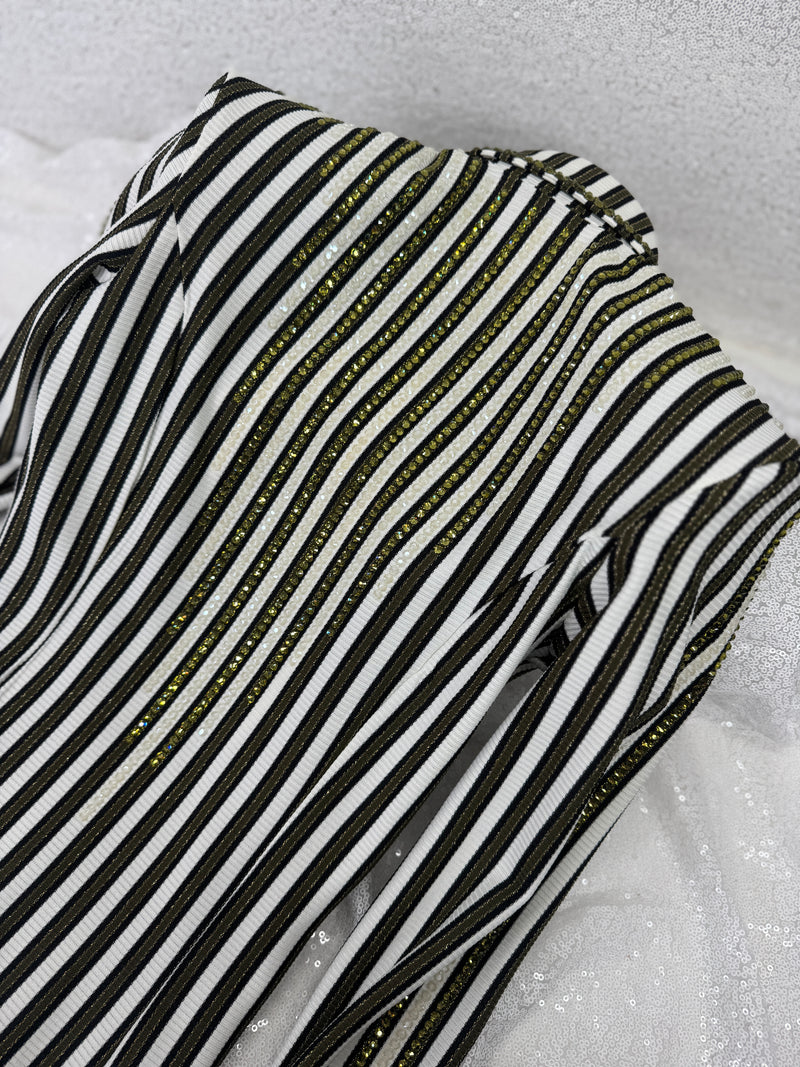 GLAM Olive Green, White and Black Striped Stretch Knit Day Shirt
