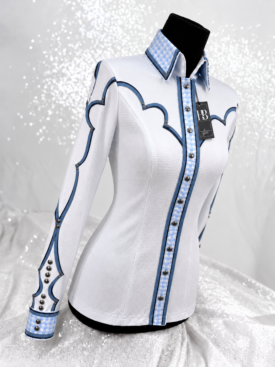 SOUTHWESTERN White w/ Gingham and Denim Textured Bullet Knit Spandex Day Shirt 1517