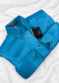SIMPLY Teal Blue Stretch Taffeta Day Shirt 1027