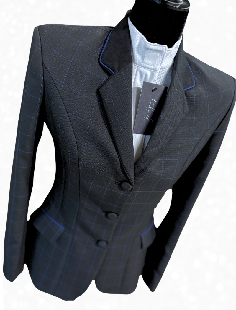 TAILORED Black w/ Royal Blue Plaid Hunt Coat #1017