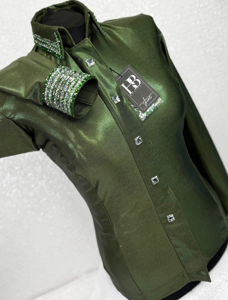 GLITZY Forest & Olive Green Melted Metals Stretch Day Shirt 1239