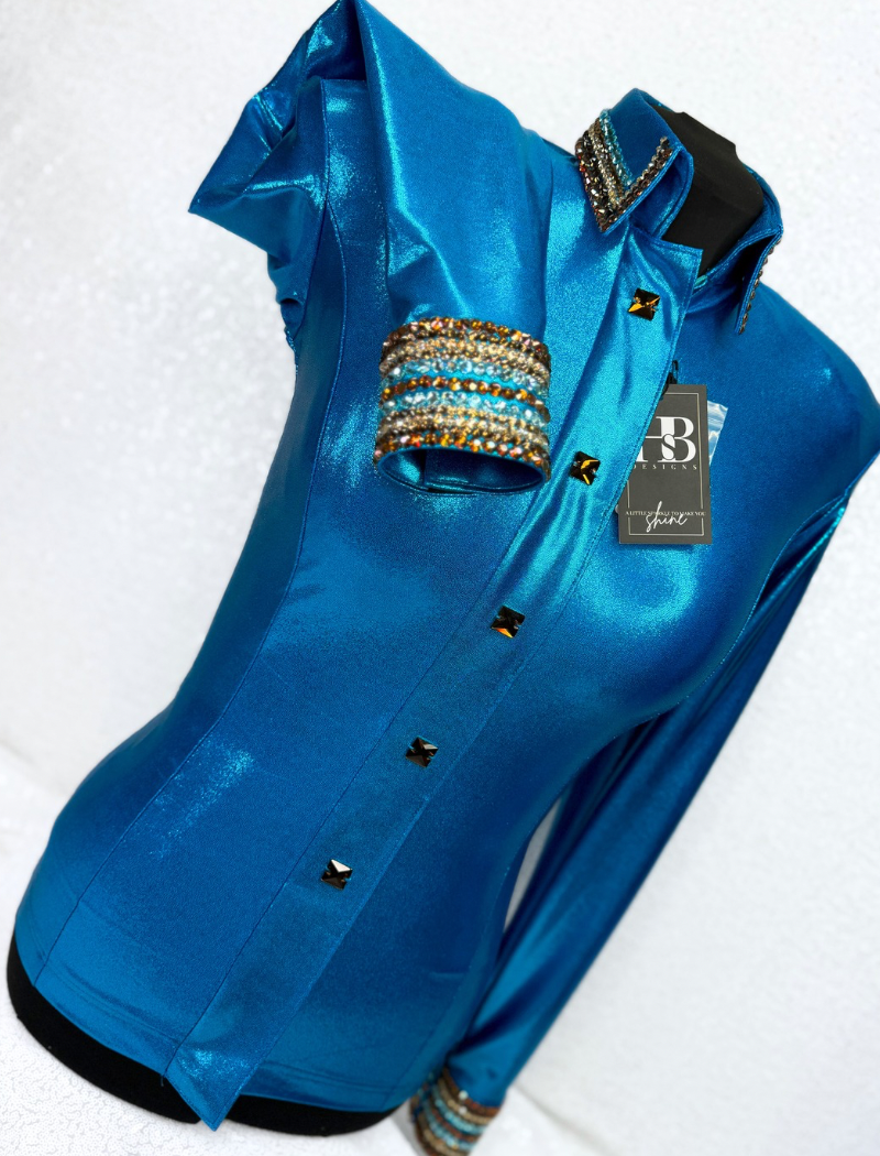 GLITZY Ocean Turquoise Melted Metals w/ Brown Stretch Day Shirt 1220