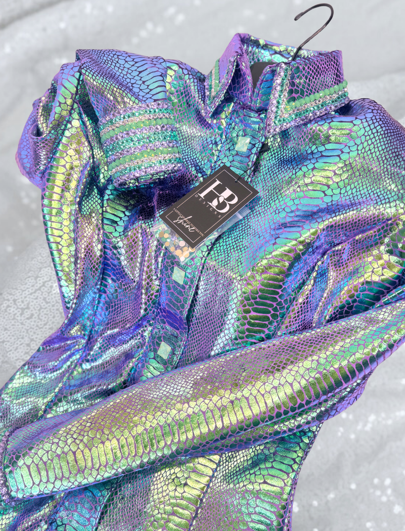 GLITZY Purple, Mint & Seafoam Snakeskin Stretch Spandex Day Shirt 1217