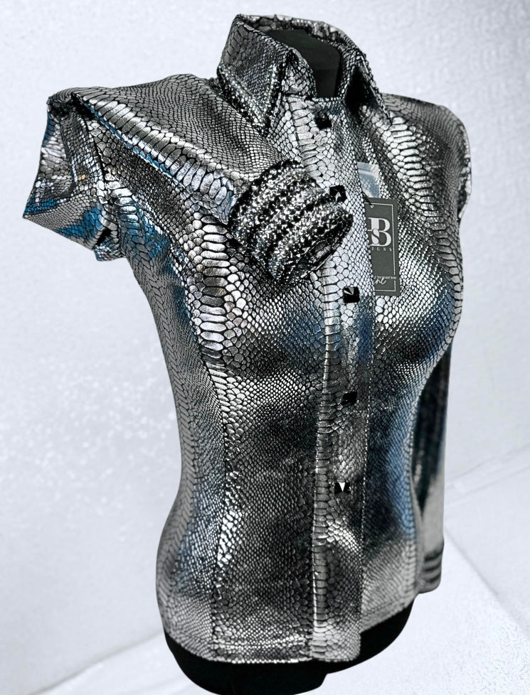 GLITZY Silver and Black Snakeskin Stretch Spandex Day Shirt