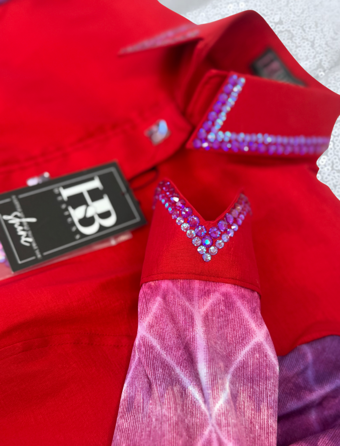 SIMPLY+ Red w/ Purple & Magenta Geometric Sleeve Stretch Taffeta Day Shirt 1399