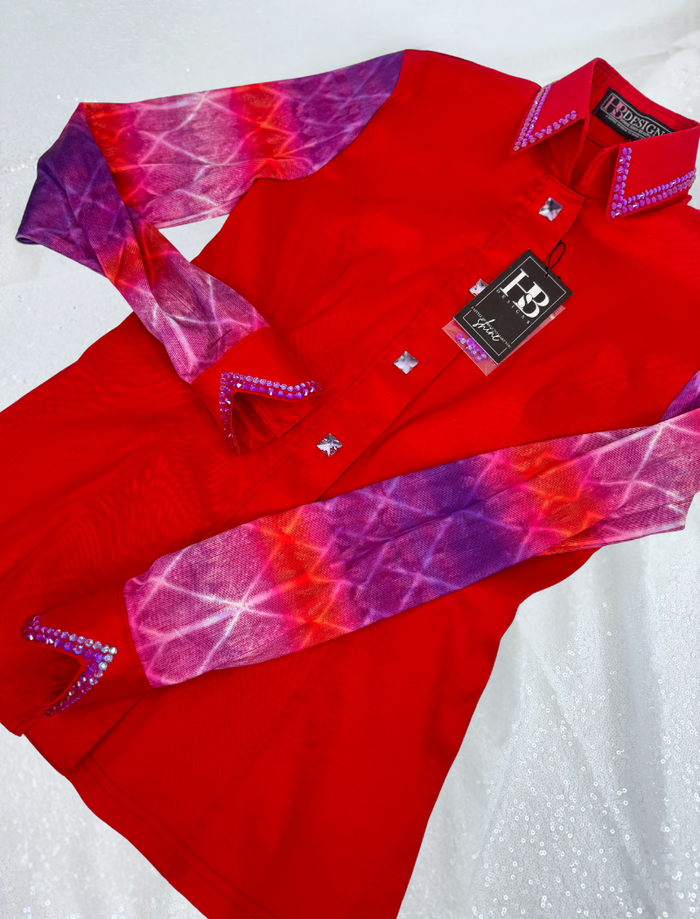 SIMPLY+ Red w/ Purple & Magenta Geometric Sleeve Stretch Taffeta Day Shirt 1399
