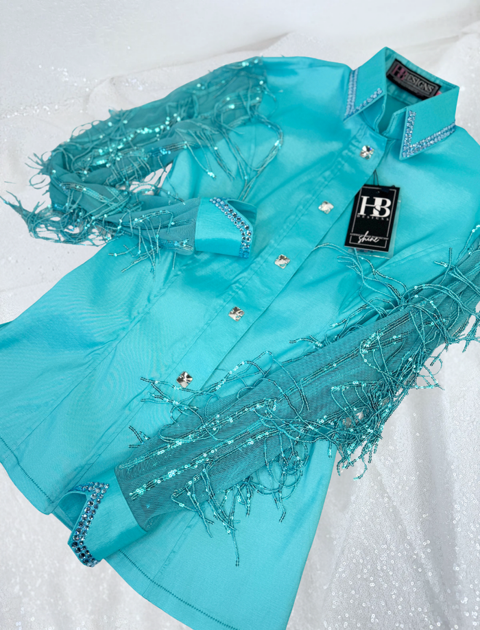 SIMPLY BREEZY Aqua Fringe Mesh Stretch Taffeta Day Shirt 1400