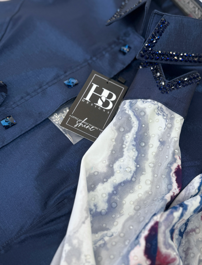 SIMPLY+ Dark Denim w/ Marbled Sleeve Stretch Taffeta Day Shirt 1402