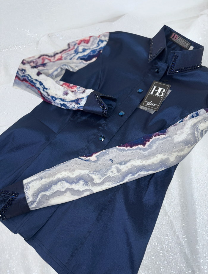 SIMPLY+ Dark Denim w/ Marbled Sleeve Stretch Taffeta Day Shirt 1402