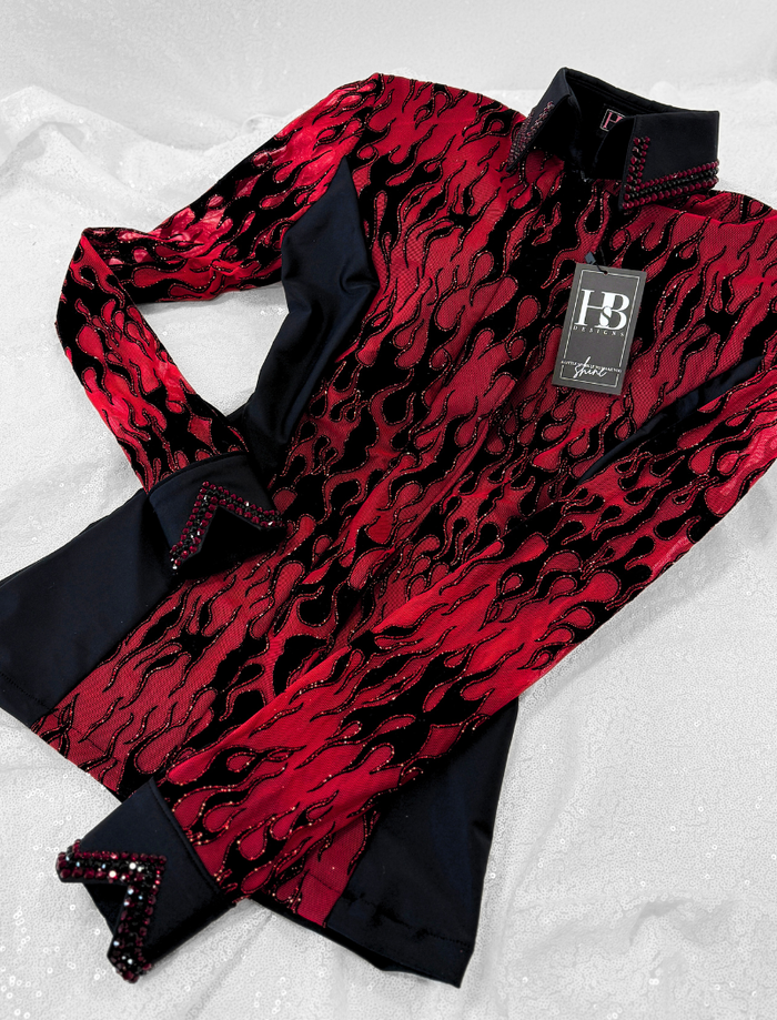 SIMPLY+ BREEZY Black & Red Flames Matte Black Spandex Day Shirt 1405