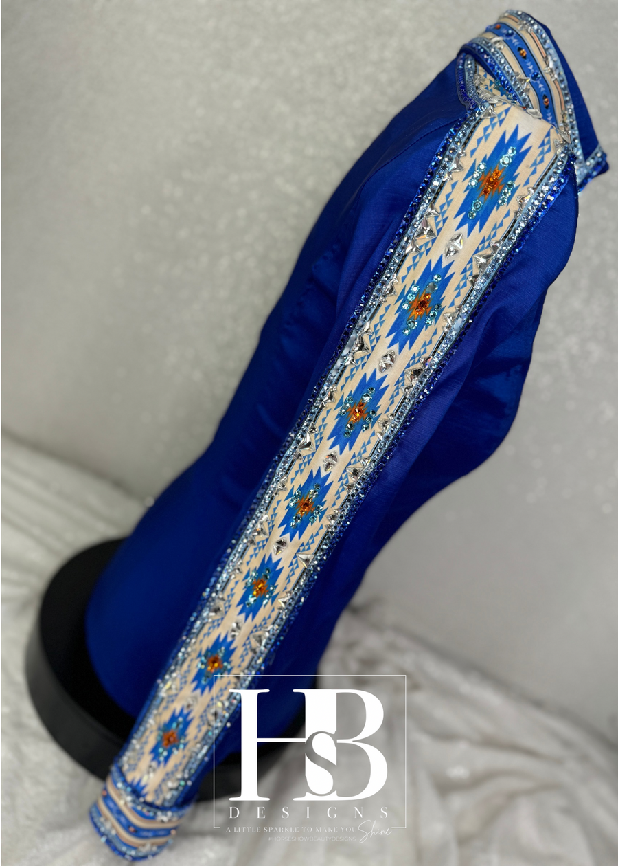 GLAM SOUTHWESTERN Royal Blue, Aqua and Orange Stretch Taffeta Day Shirt 1286
