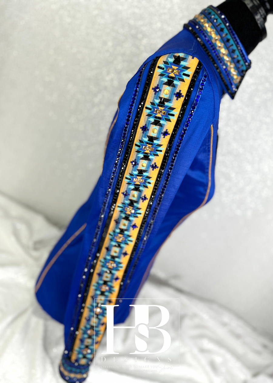GLAM SOUTHWESTERN Royal Blue, Black, Gold and Aqua w/ Piping Stretch Taffeta Day Shirt 1285