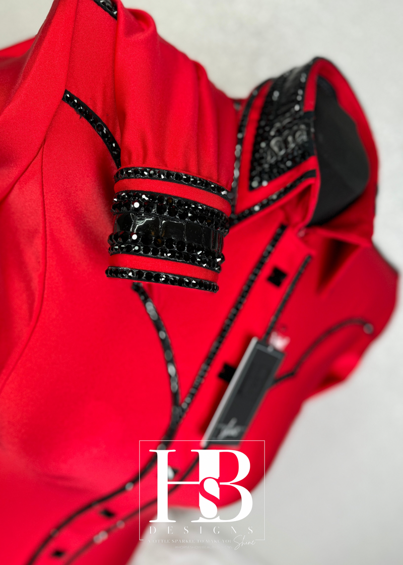 GLAM YOKED BRIGHT Red & Black Stretch Shiny Spandex Day Shirt