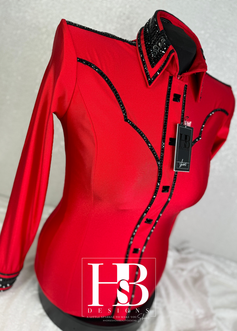 GLAM YOKED BRIGHT Red & Black Stretch Shiny Spandex Day Shirt