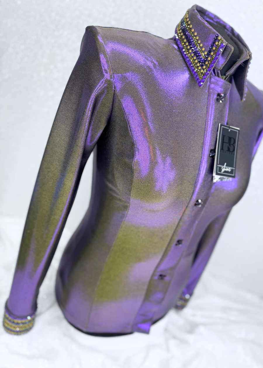 GLITZY Maleficent Purple and Olive Green Melted Metals Stretch Day Shirt 1225