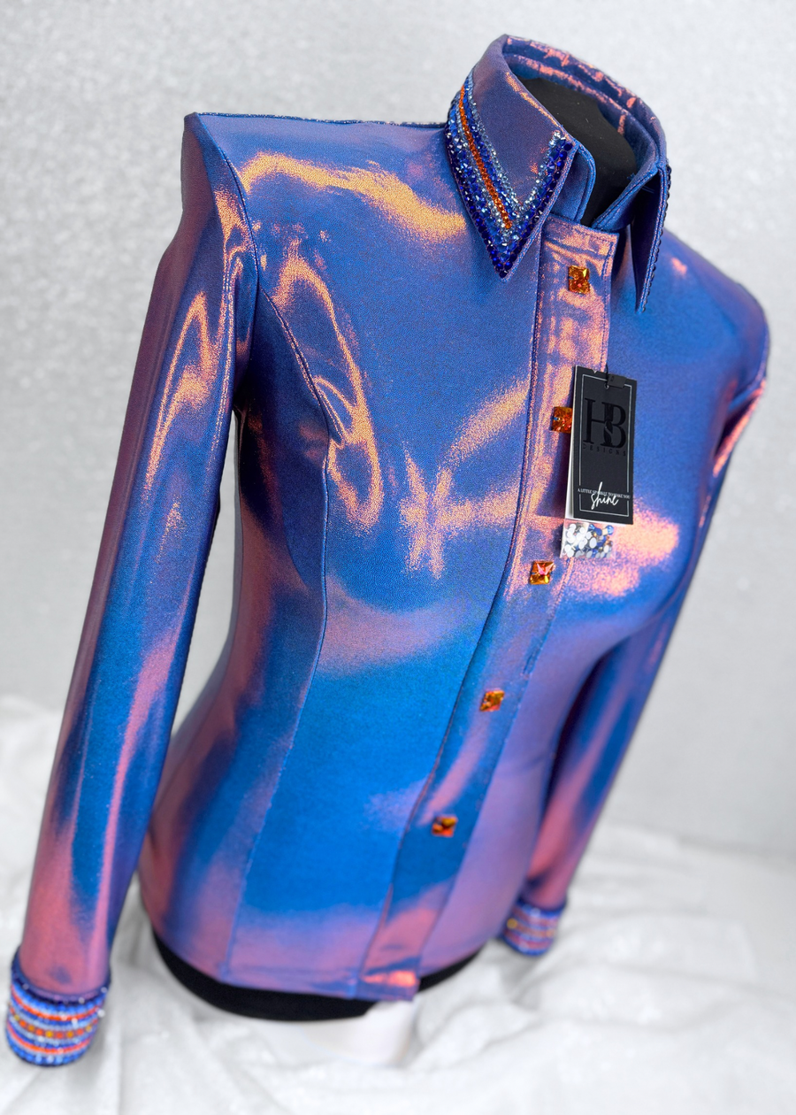 GLITZY Bluebird Blue and Orange Melted Metals Stretch Day Shirt 1259