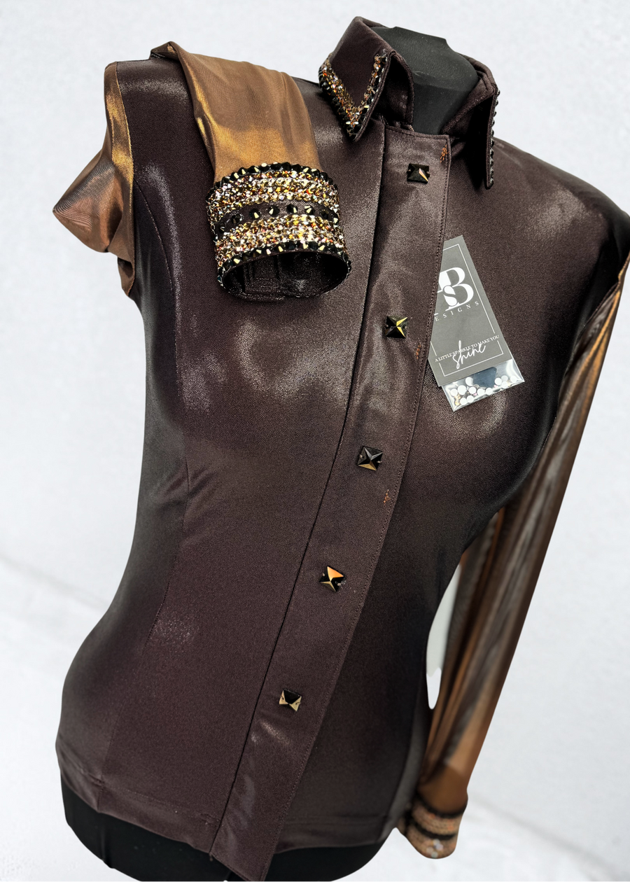 GLITZY BREEZY Espresso Brown Melted Metals Stretch Day Shirt 1255