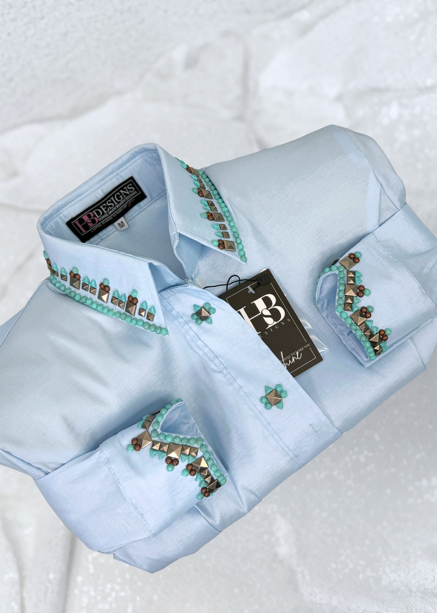 SIMPLY SOUTHWESTERN Icey Blue, Copper, Silver, and Turquoise Stretch Taffeta Day Shirt 1040