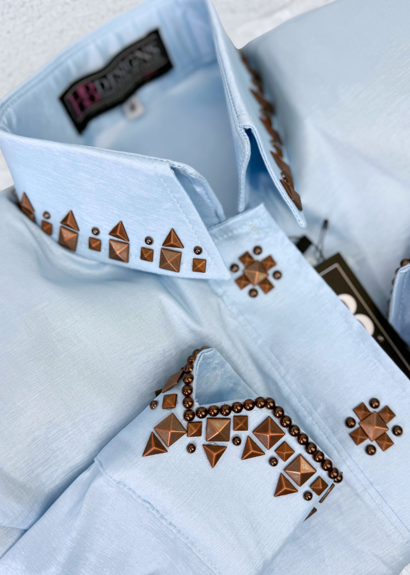 SIMPLY SOUTHWESTERN Icey Blue and Copper Accents Stretch Taffeta Day Shirt