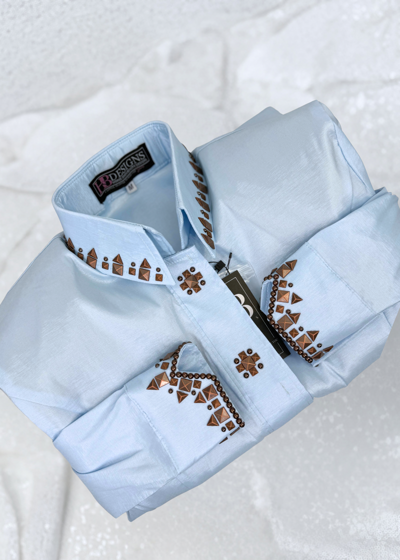 SIMPLY SOUTHWESTERN Icey Blue and Copper Accents Stretch Taffeta Day Shirt