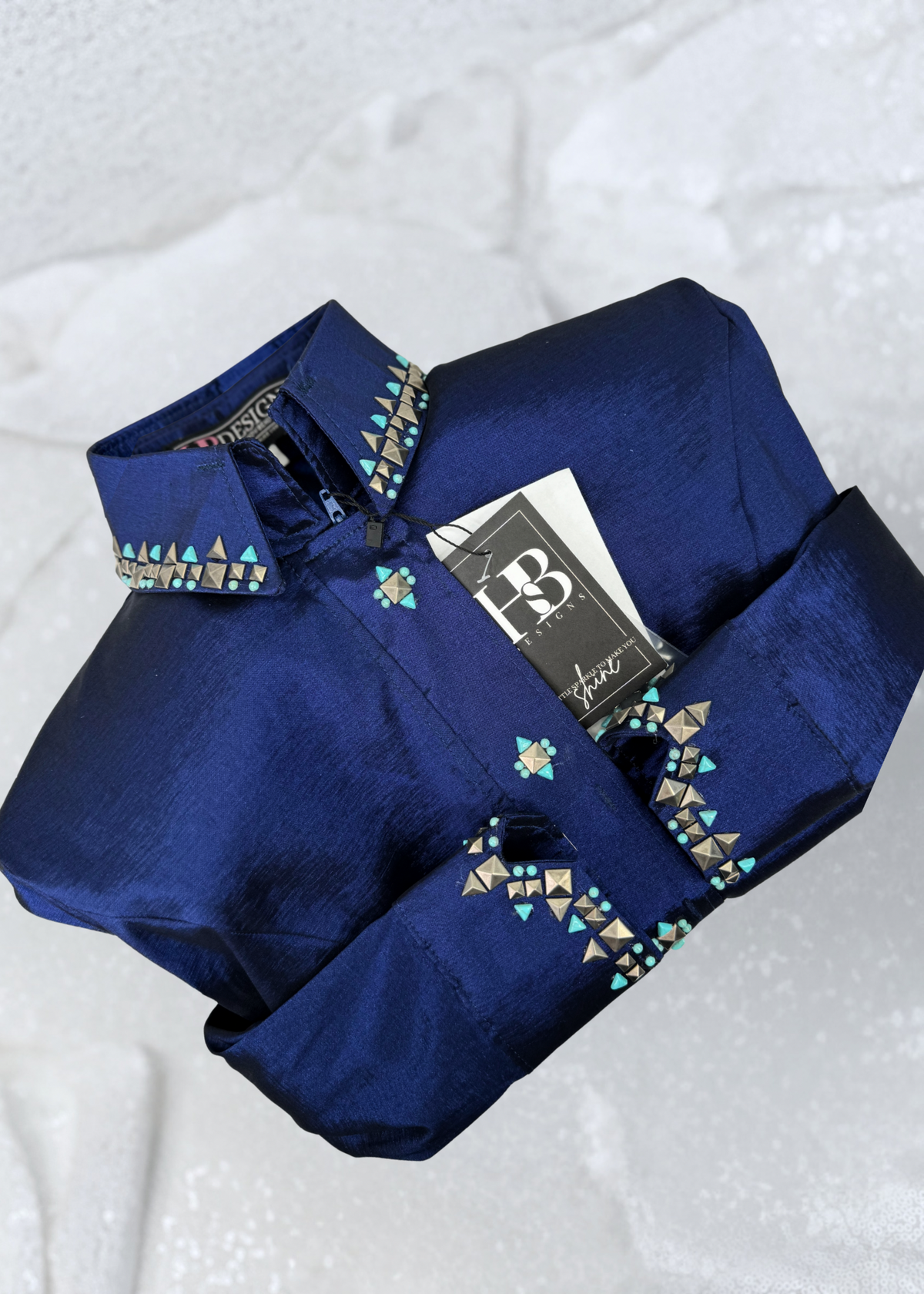 SIMPLY SOUTHWESTERN Dark Navy Blue w/ Antique Silver and Turquoise Stretch Taffeta Day Shirt
