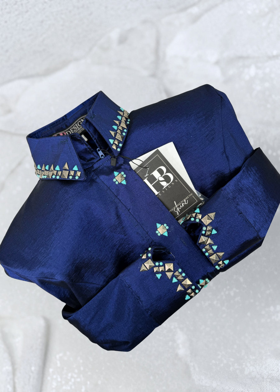 SIMPLY SOUTHWESTERN Dark Navy Blue w/ Antique Silver and Turquoise Stretch Taffeta Day Shirt 1048
