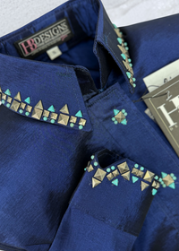 SIMPLY SOUTHWESTERN Dark Navy Blue w/ Antique Silver and Turquoise Stretch Taffeta Day Shirt
