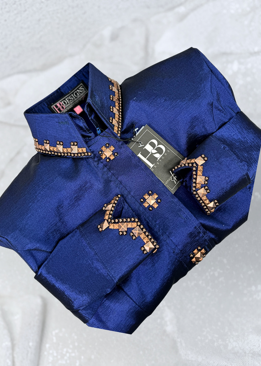 SIMPLY SOUTHWESTERN Dark Navy Blue w/ Copper Stretch Taffeta Day Shirt 1047