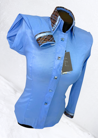 TAILORED by HSBD Periwinkle w/ Chocolate Brown Plaid Silk Accent Stretch Taffeta Day Shirt 1001