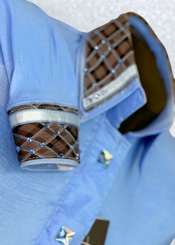 TAILORED by HSBD Periwinkle w/ Chocolate Brown Plaid Silk Accent Stretch Taffeta Day Shirt 1001