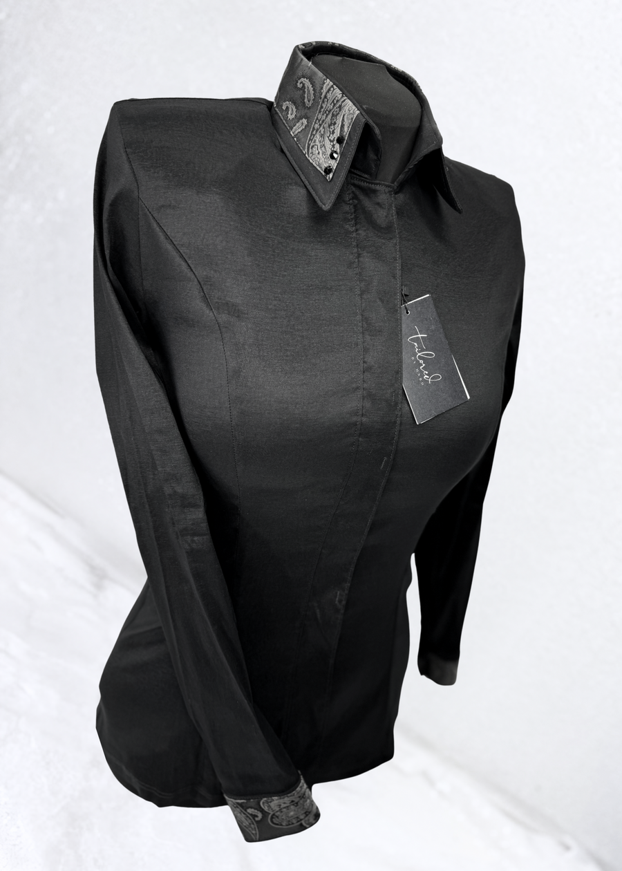 TAILORED by HSBD Black w/ Grey Paisley Silk Accent Stretch Taffeta Day Shirt 1002
