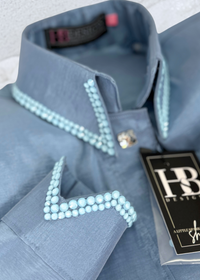 SIMPLY Lightwash Denim Blue Stretch Taffeta Day Shirt