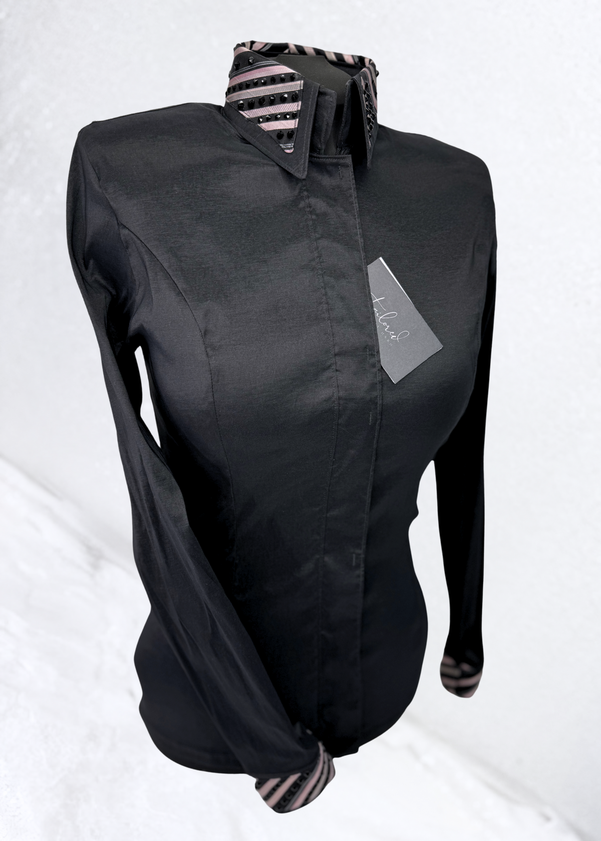 TAILORED by HSBD Black w/ Baby Pink Striped Accent Stretch Taffeta Day Shirt 1004