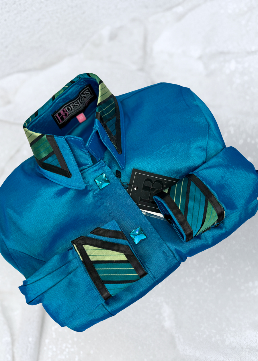 *FLASH SALE* TAILORED by HSBD Iridescent Teal w/ Green/Teal Striped Silk Accent Stretch Taffeta Day Shirt 1007
