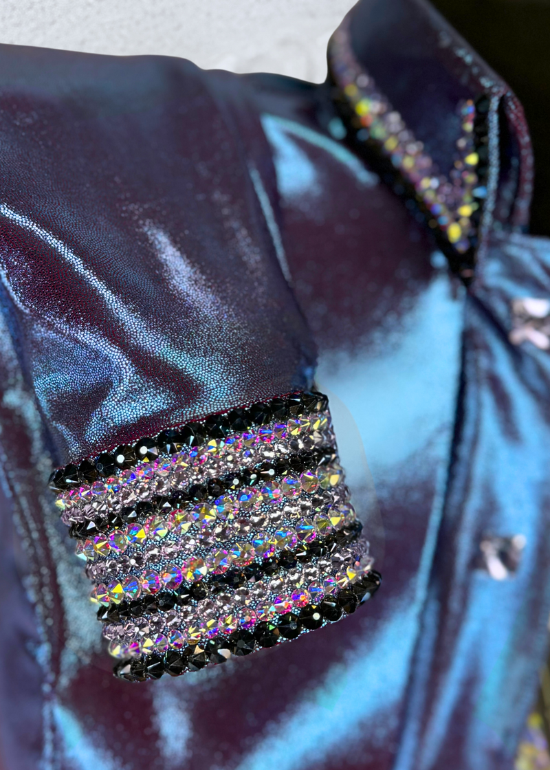 GLITZY Burgundy Blue Melted Metals Stretch Day Shirt